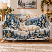 White Deer Winter Sofa Cover, Snowflake Wildlife Couch Protector Gift