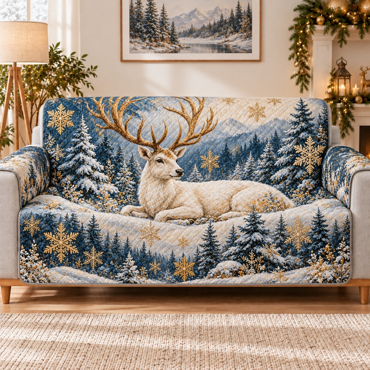 White Deer Winter Sofa Cover, Snowflake Wildlife Couch Protector Gift
