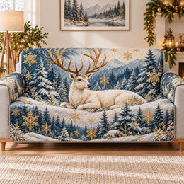 White Deer Winter Sofa Cover, Snowflake Wildlife Couch Protector Gift