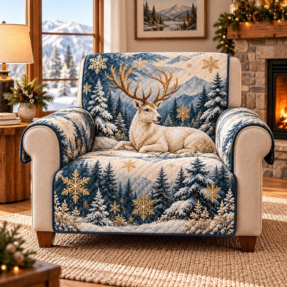 White Deer Winter Sofa Cover, Snowflake Wildlife Couch Protector Gift