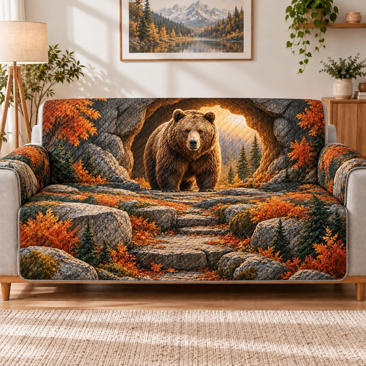 Autumn Bear Sofa Cover, Woodland Wildlife Couch Protector Gift