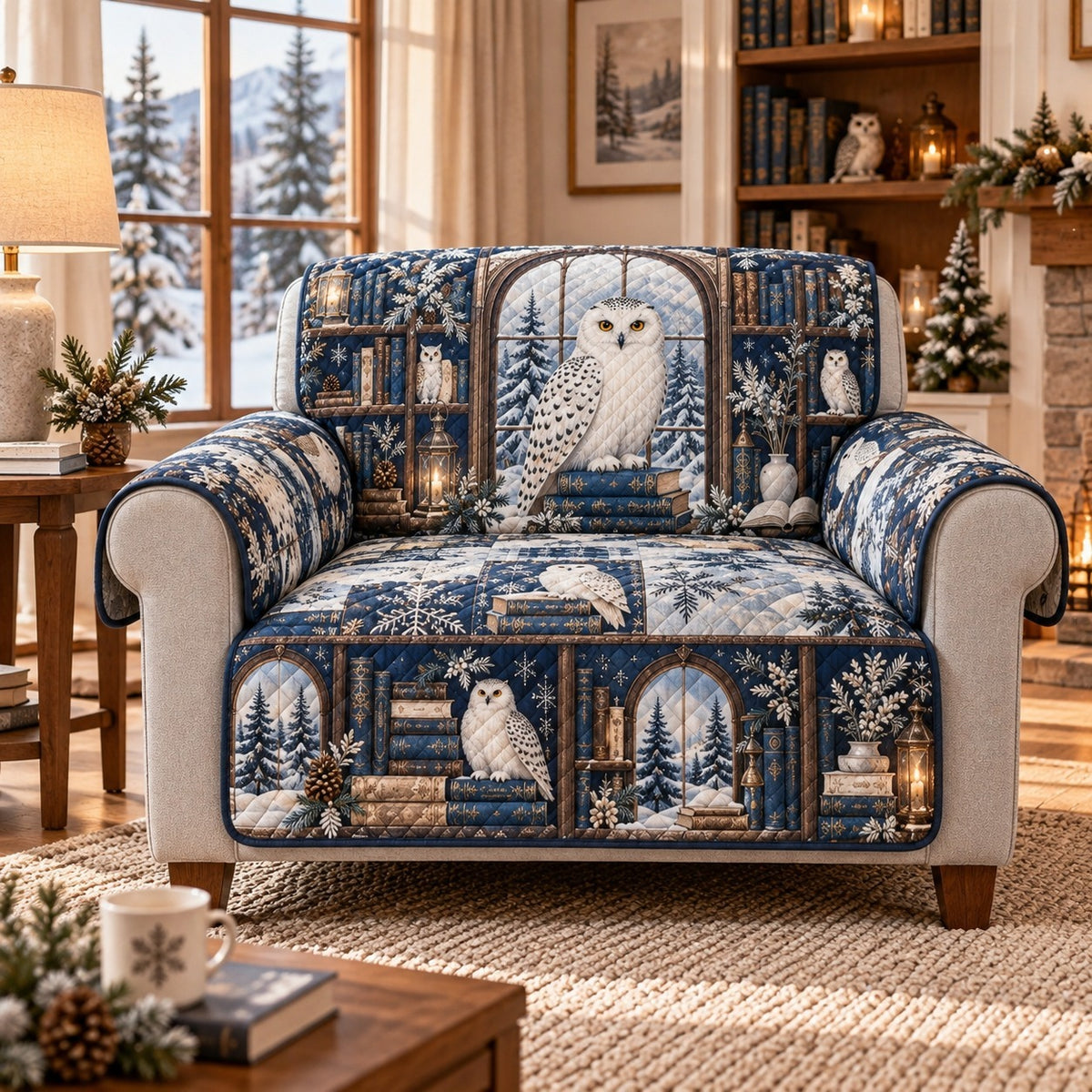 Owl Library Sofa Cover, Book Lover Cottage Couch Protector Gift