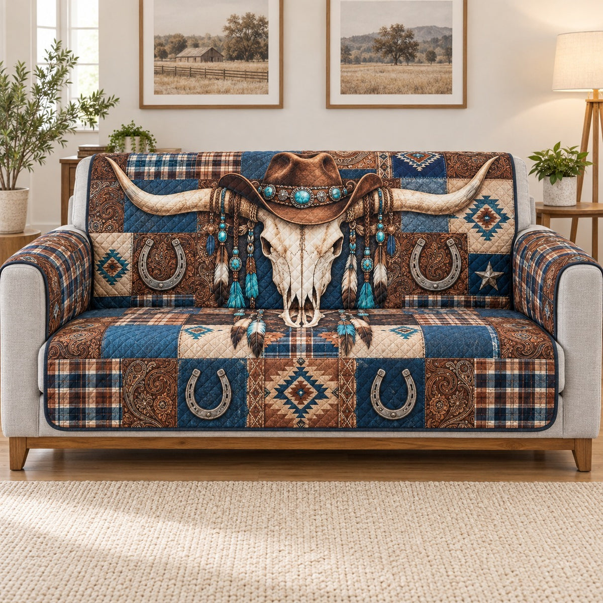 Western Bull Skull Sofa Cover, Rustic Ranch Couch Protector Gift