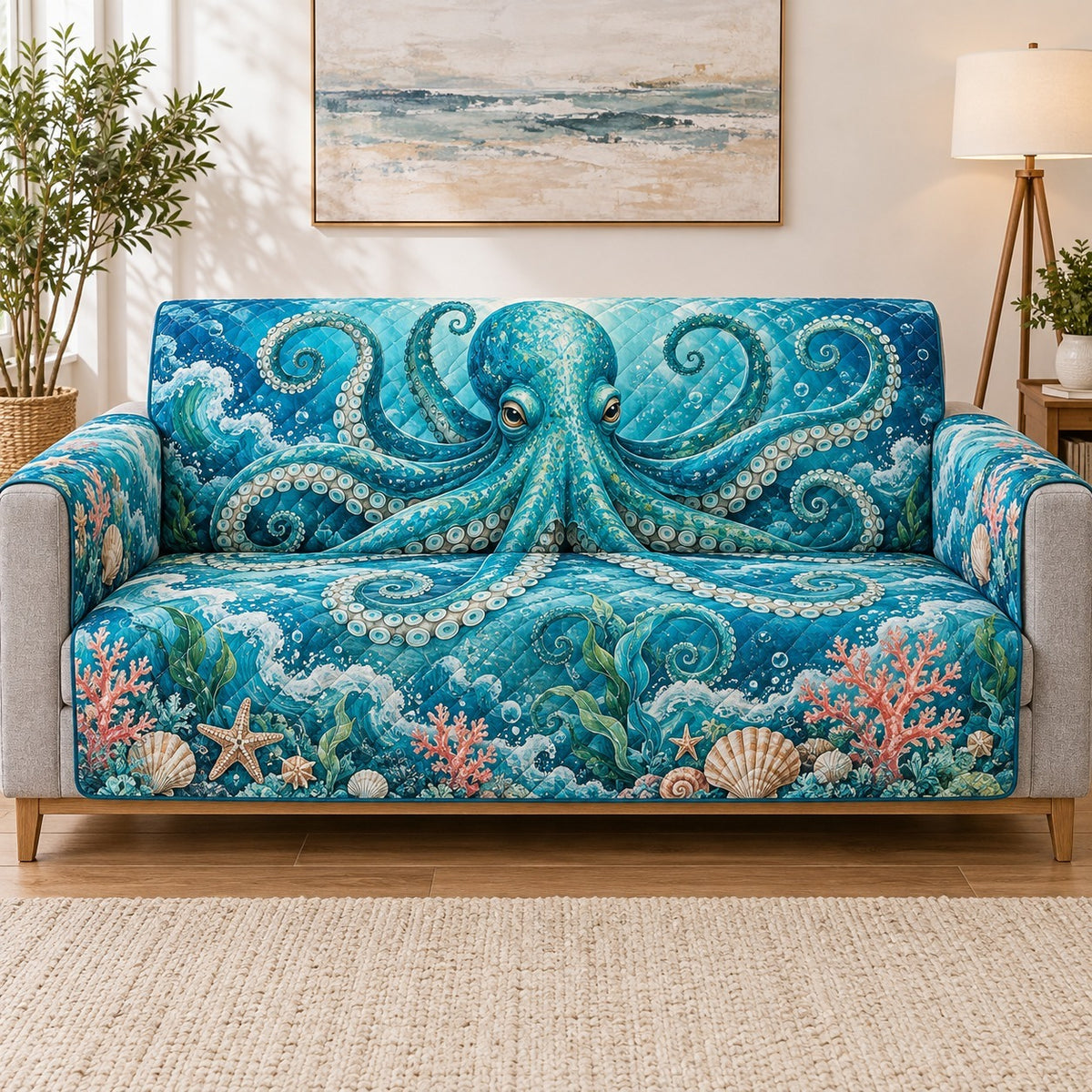 Blue Octopus Sofa Cover, Coastal Ocean Couch Protector Gift for Sea Lovers