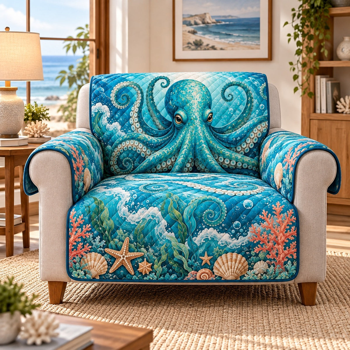 Blue Octopus Sofa Cover, Coastal Ocean Couch Protector Gift for Sea Lovers