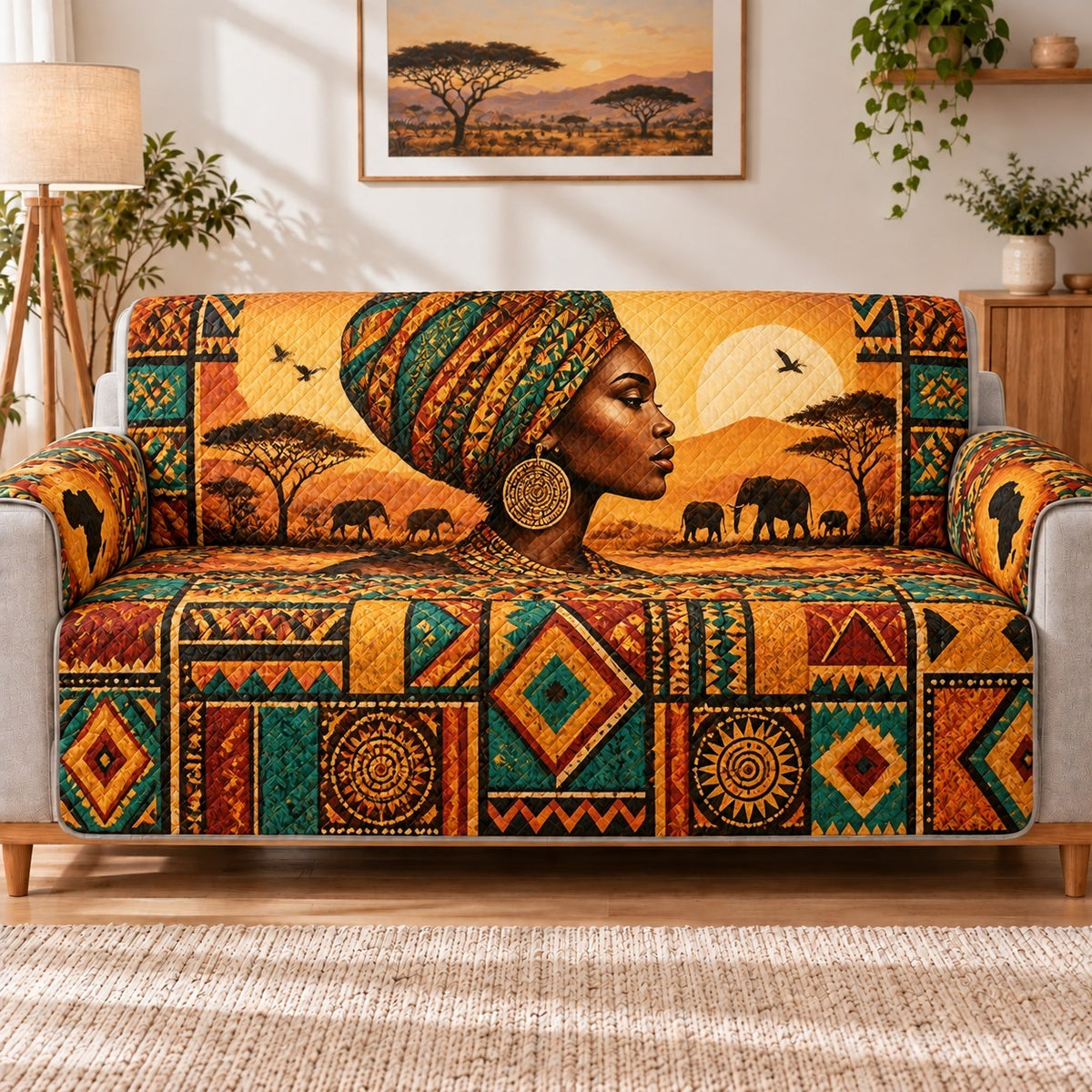 African Woman Sunset Sofa Cover, Cultural Art Couch Protector Gift