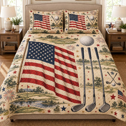 American Flag Golf Quilt Set, Patriotic Bedding Gift for Golf Lovers