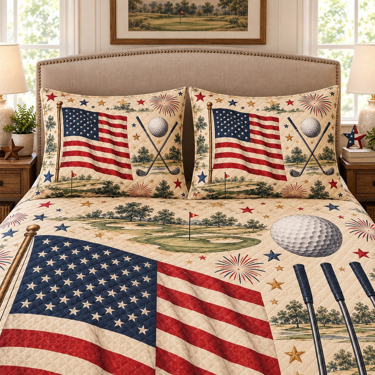 American Flag Golf Quilt Set mockup 3