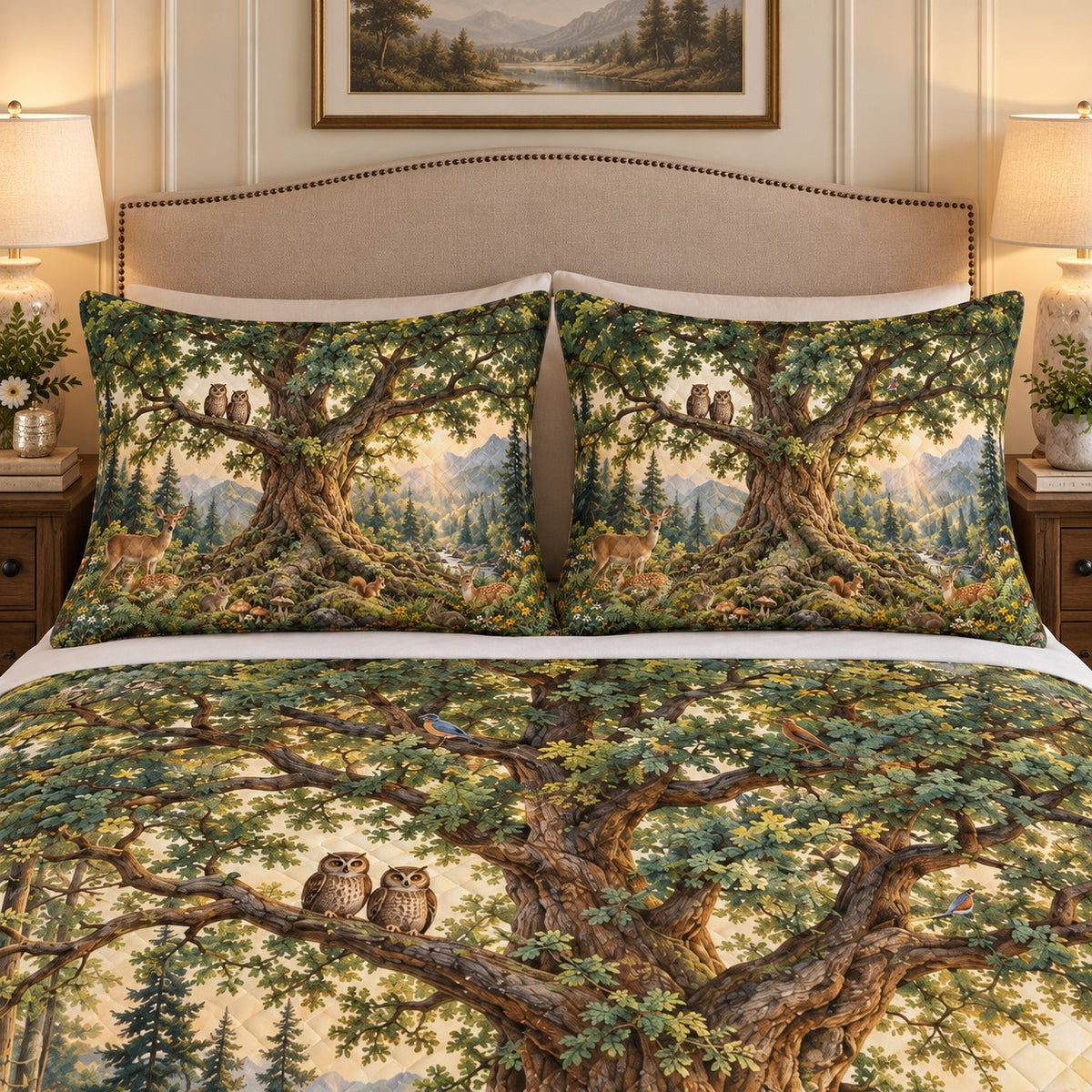 Ancient Forest Tree & Deer Quilt Set mockup 2