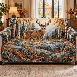 Autumn Deer Sofa Cover, Woodland Cabin Couch Protector Gift for Hunters
