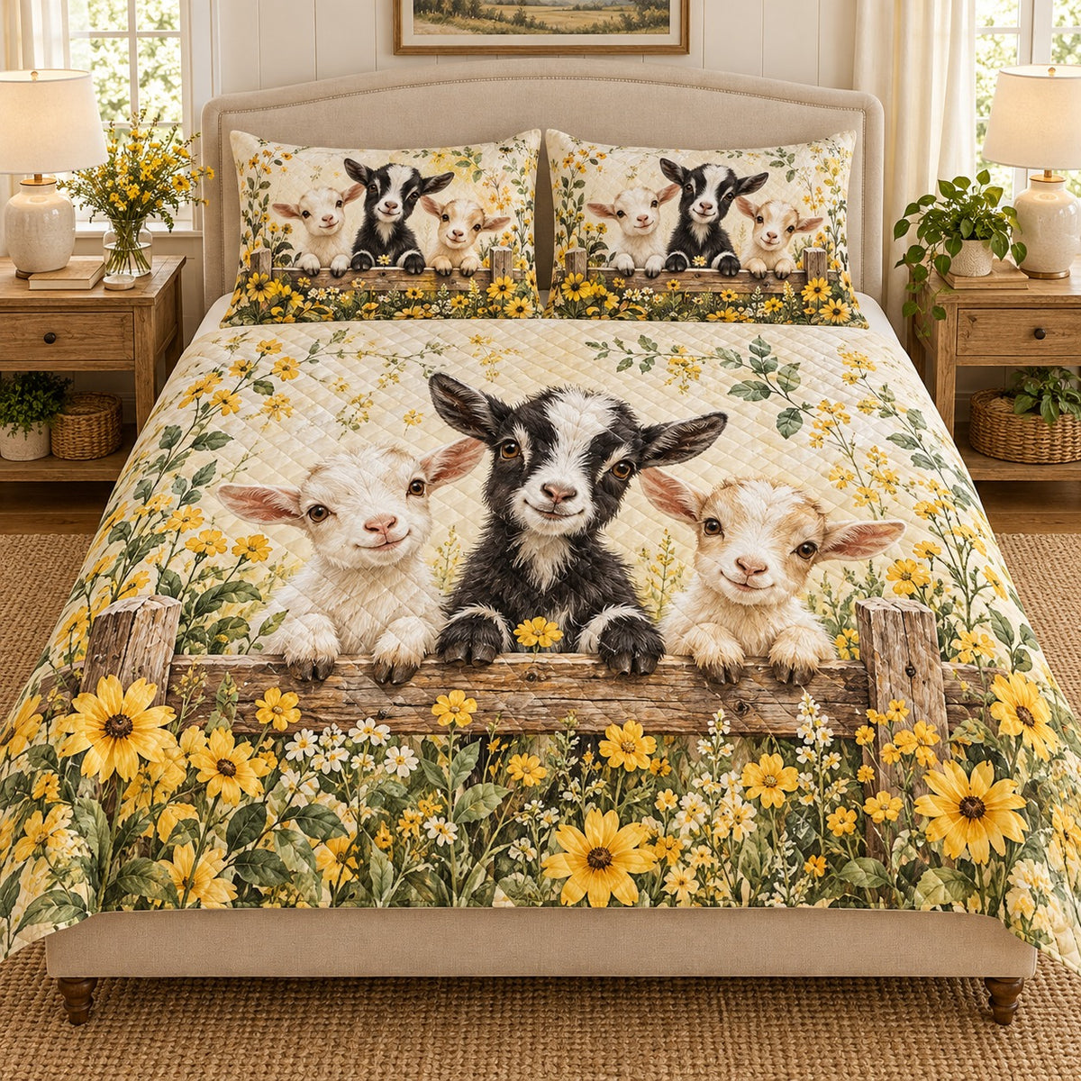 Baby Goats Daisy Garden Quilt Set mockup 1