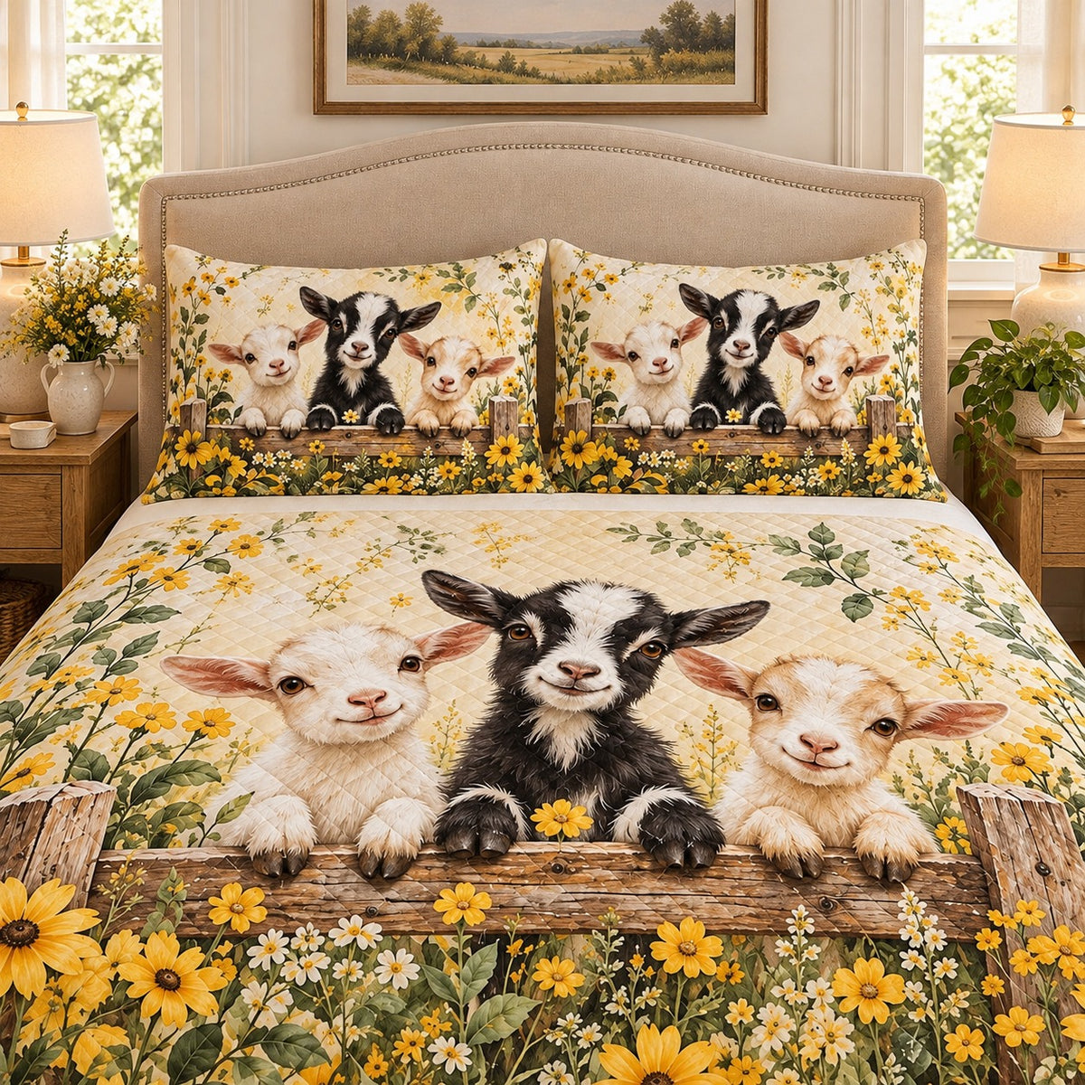 Baby Goats Daisy Garden Quilt Set mockup 3