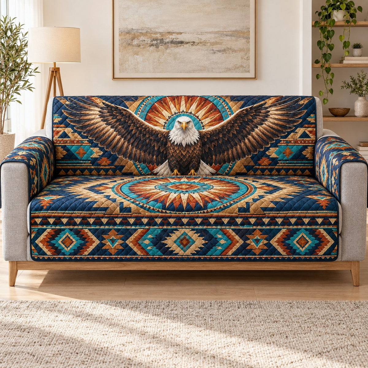 Bald eagle Southwest geometric quilted sofa cover on a couch, AI-generated product mockup