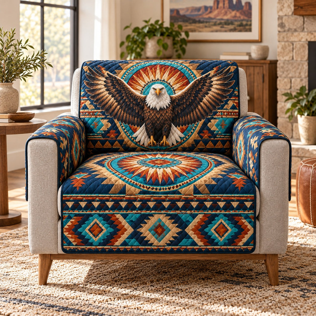 Bald eagle tribal Southwest quilted sofa cover on an armchair, AI-generated product mockup