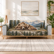 Bear family in mountain forest quilted sofa cover on a couch, AI-generated product mockup