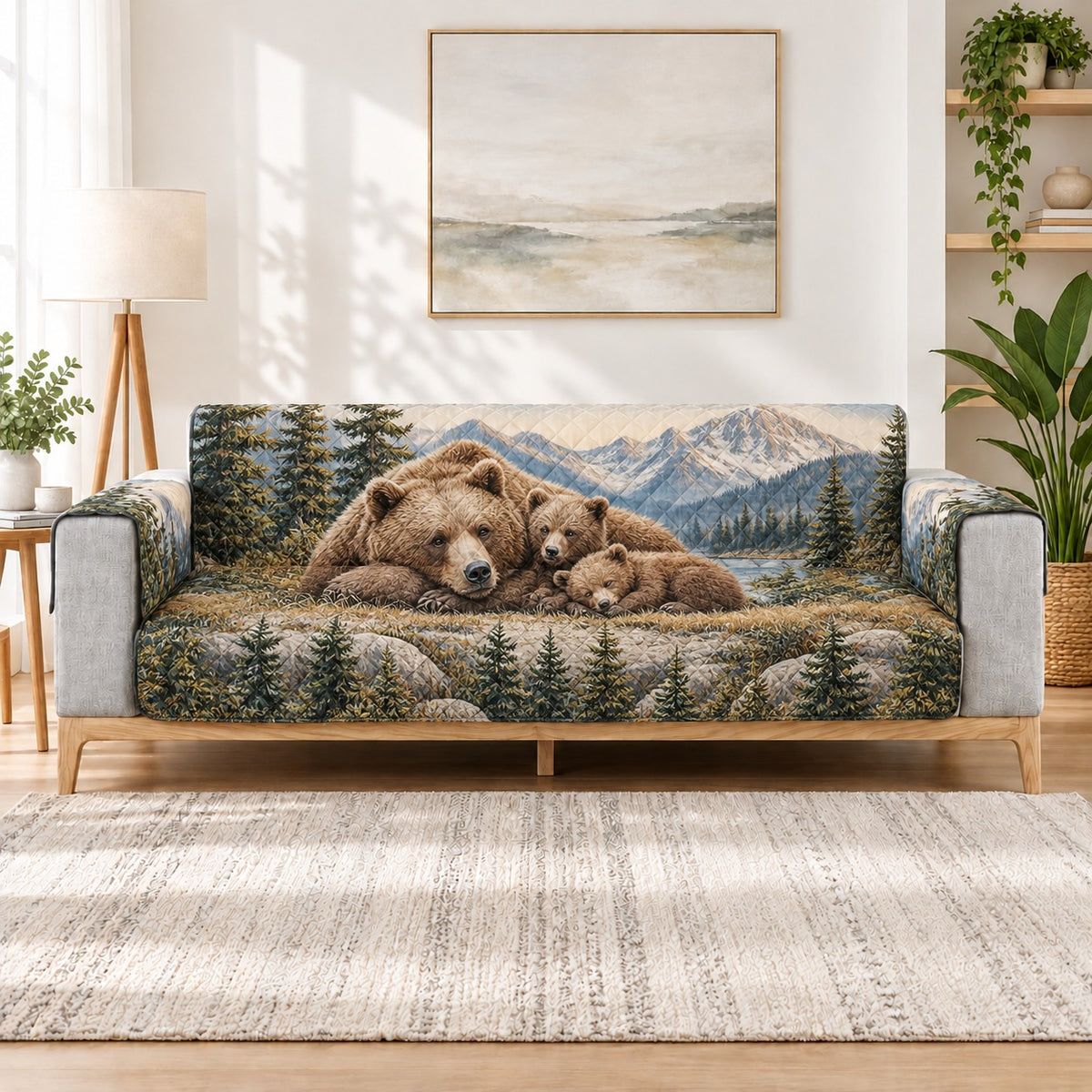 Bear family in mountain forest quilted sofa cover on a couch, AI-generated product mockup