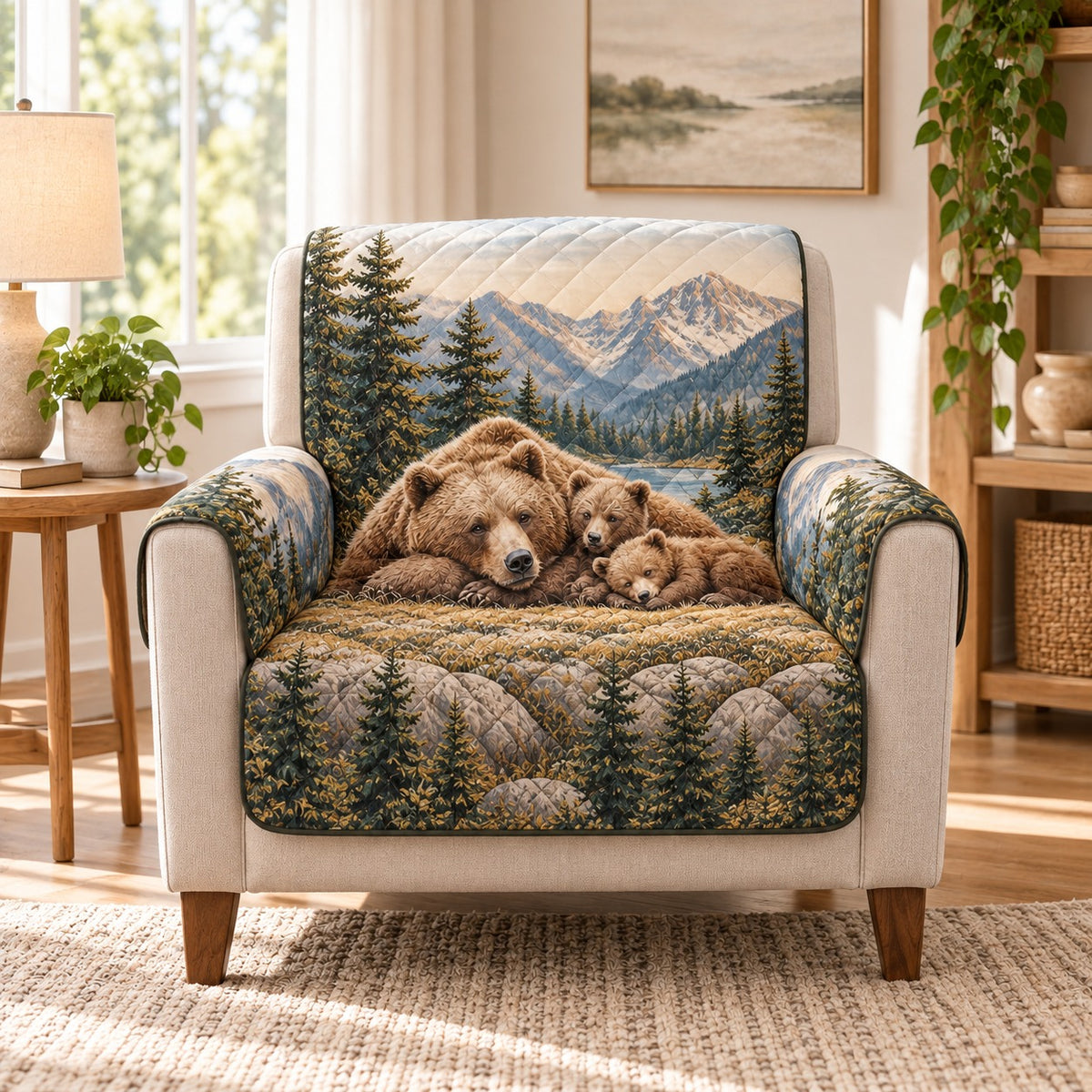 Bear family in mountain forest quilted sofa cover on an armchair, AI-generated product mockup