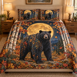 Black Bear Moon Quilt Set, Autumn Wilderness Bedding Gift for Nature Lovers