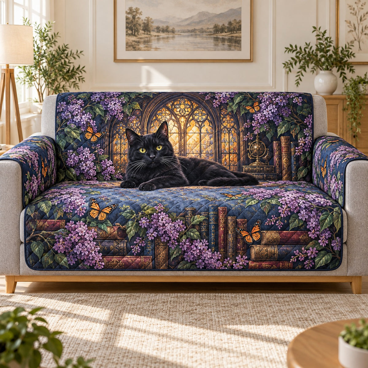 Black cat Gothic garden and books quilted sofa cover on a couch, AI-generated product mockup
