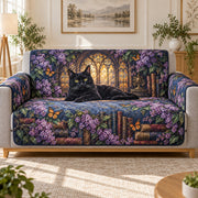 Black cat Gothic garden and books quilted sofa cover on a couch, AI-generated product mockup