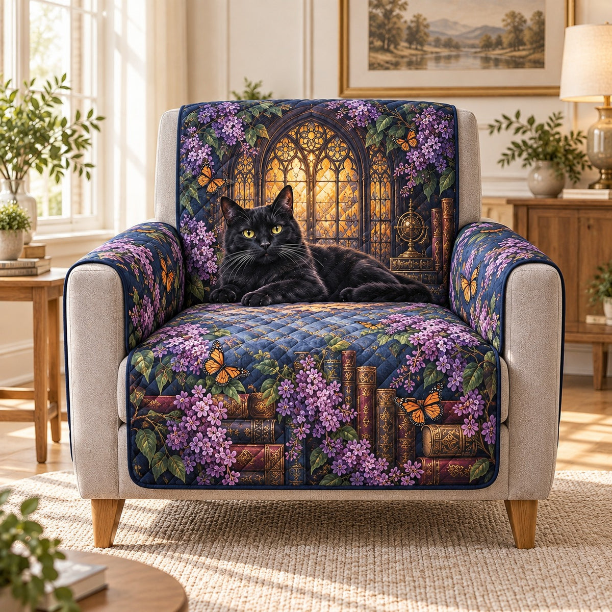 Black cat Gothic garden and books quilted sofa cover on an armchair, AI-generated product mockup