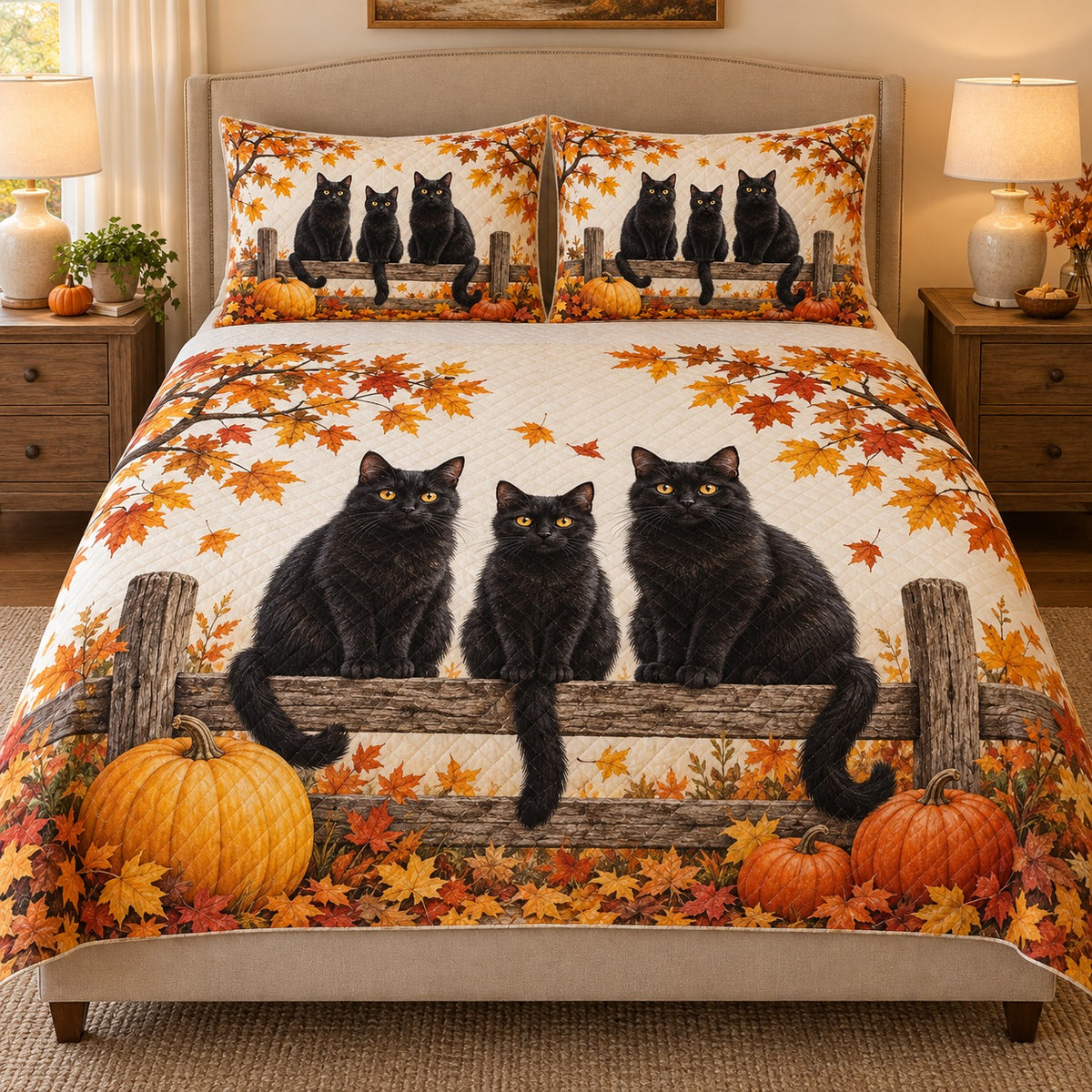 Black Cats and Pumpkins Quilt Set, Cozy Halloween Bedding Gift