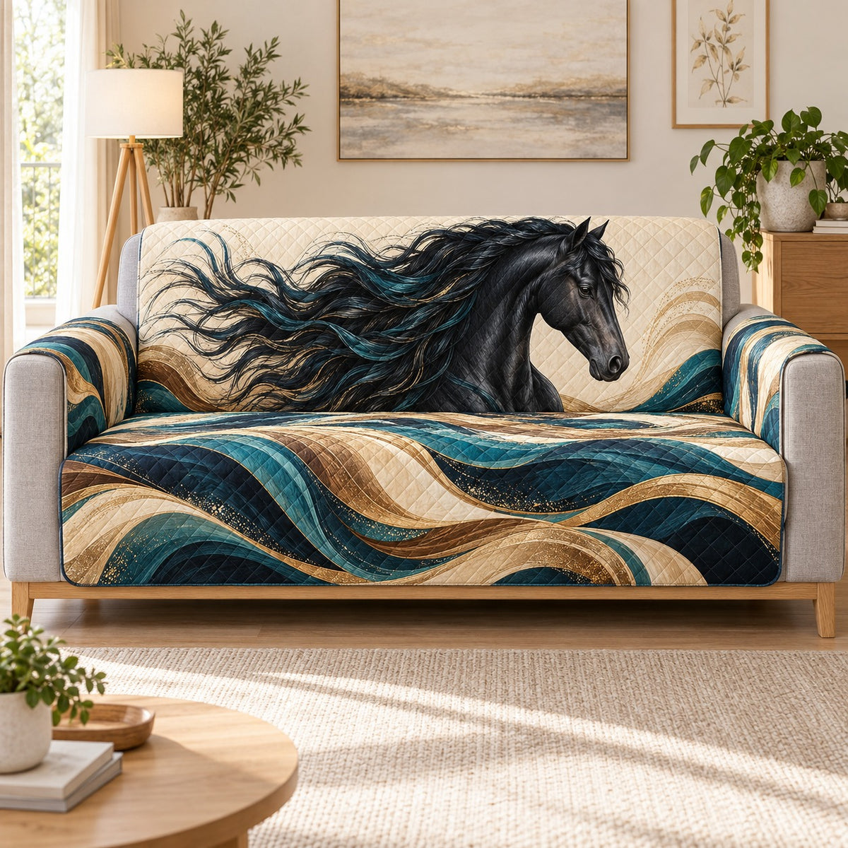 Black horse and teal gold abstract waves quilted sofa cover on a couch, AI-generated product mockup