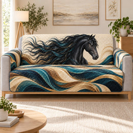 Black Horse Sofa Cover, Teal Gold Abstract Wave Couch Protector Gift