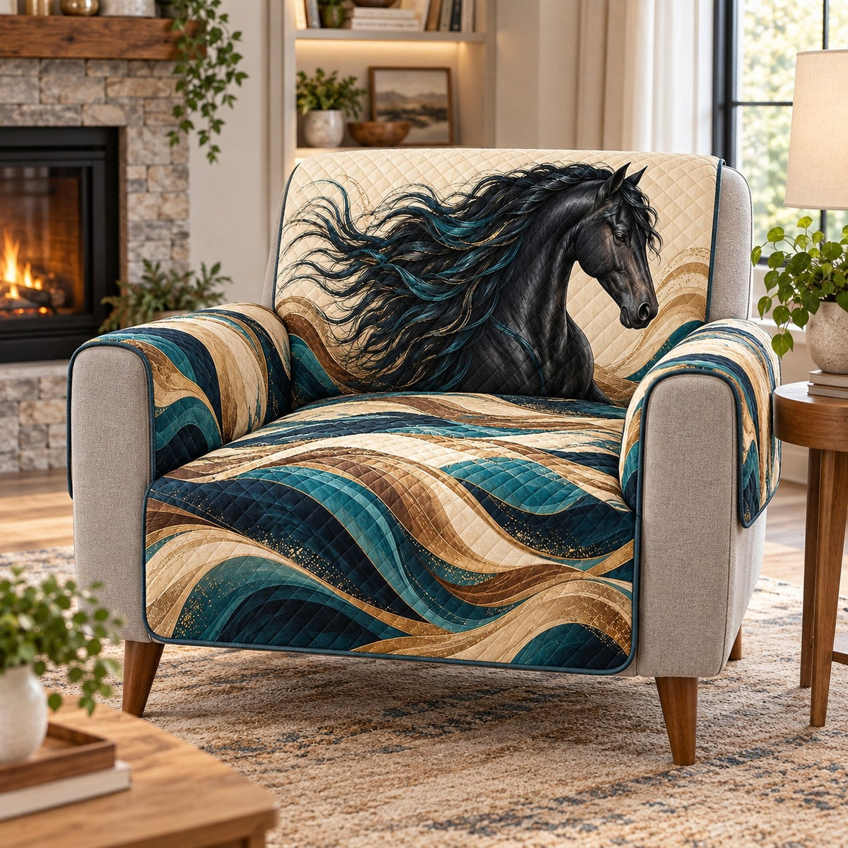 Black horse and teal gold abstract waves quilted sofa cover on an armchair, AI-generated product mockup