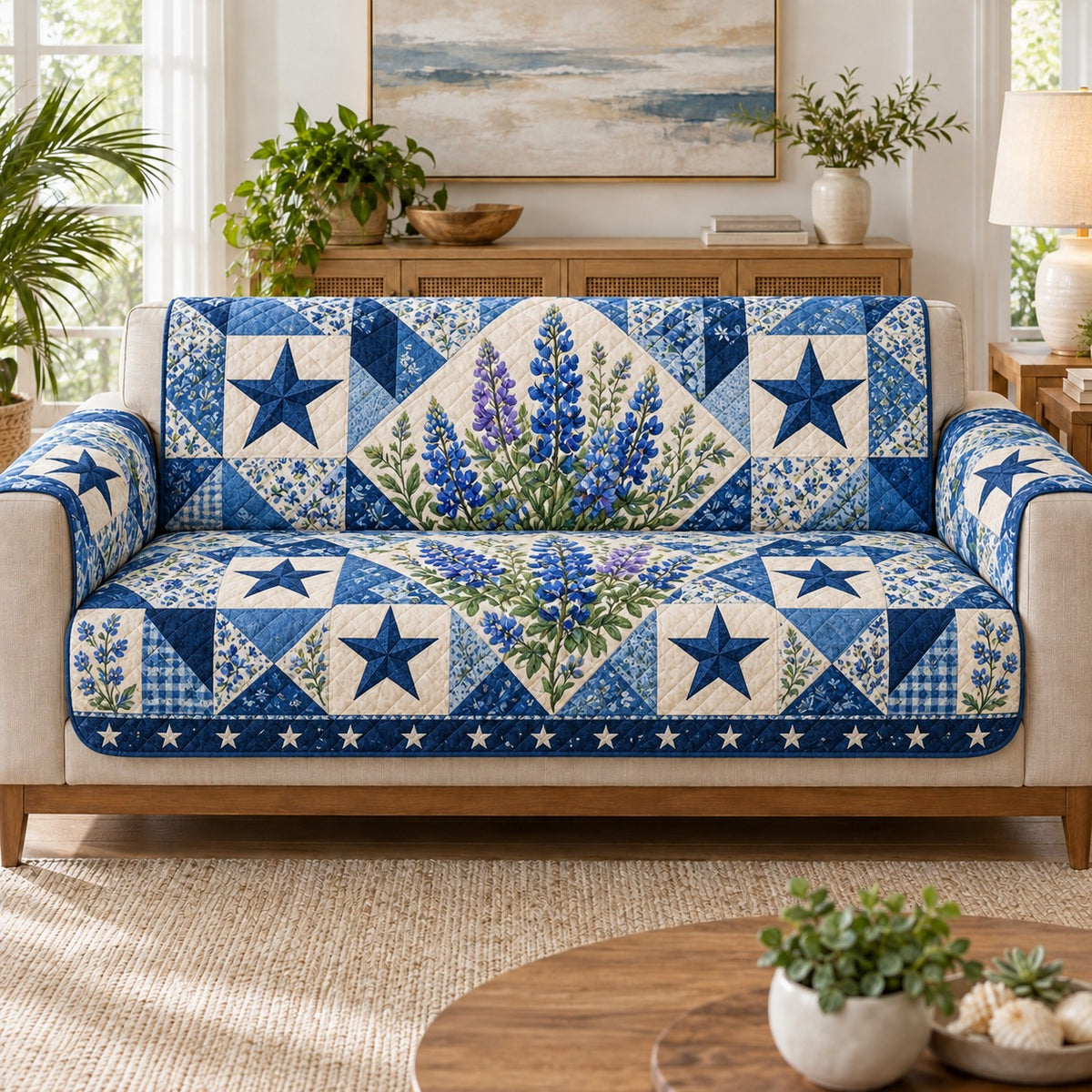 Bluebonnet flower and blue star patchwork quilted sofa cover on a couch, AI-generated product mockup