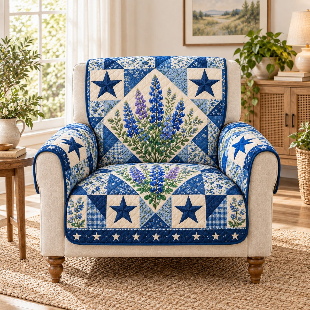Bluebonnet floral blue star patchwork quilted sofa cover on an armchair, AI-generated product mockup
