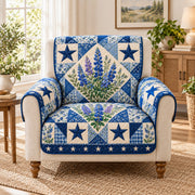 Bluebonnet floral blue star patchwork quilted sofa cover on an armchair, AI-generated product mockup