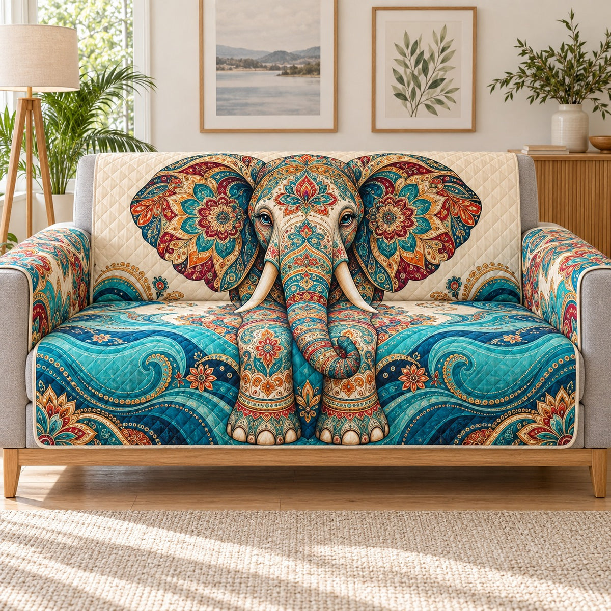 Ornate turquoise floral elephant quilted sofa cover on a couch, AI-generated product mockup