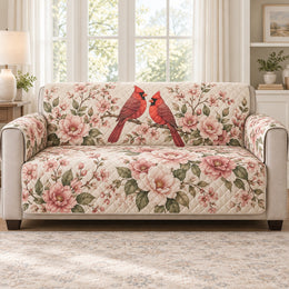 Cardinal Floral Sofa Cover, Romantic Bird Lover Couch Protector Gift
