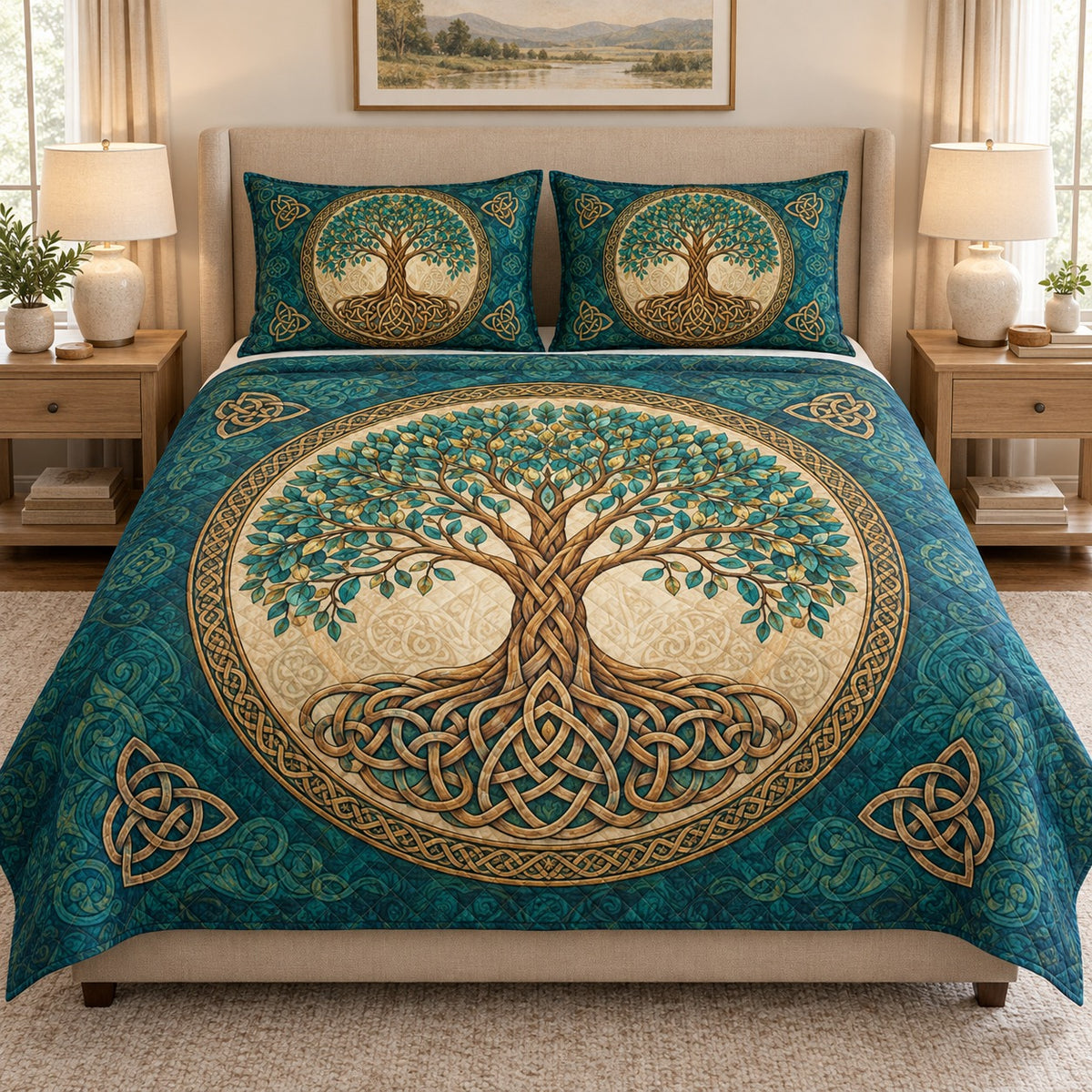 Celtic Tree of Life Quilt Set – Teal Boho Bedding Gift for Spiritual Souls