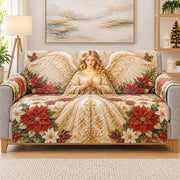 Christmas Angel Sofa Cover, Poinsettia Holiday Couch Protector Gift