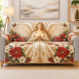 Christmas Angel Sofa Cover, Poinsettia Holiday Couch Protector Gift