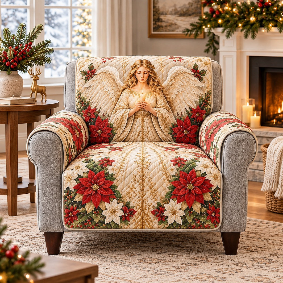 Christmas Angel Sofa Cover, Poinsettia Holiday Couch Protector Gift
