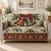 Christmas bells bow holly and pine quilted sofa cover on a couch, AI-generated product mockup