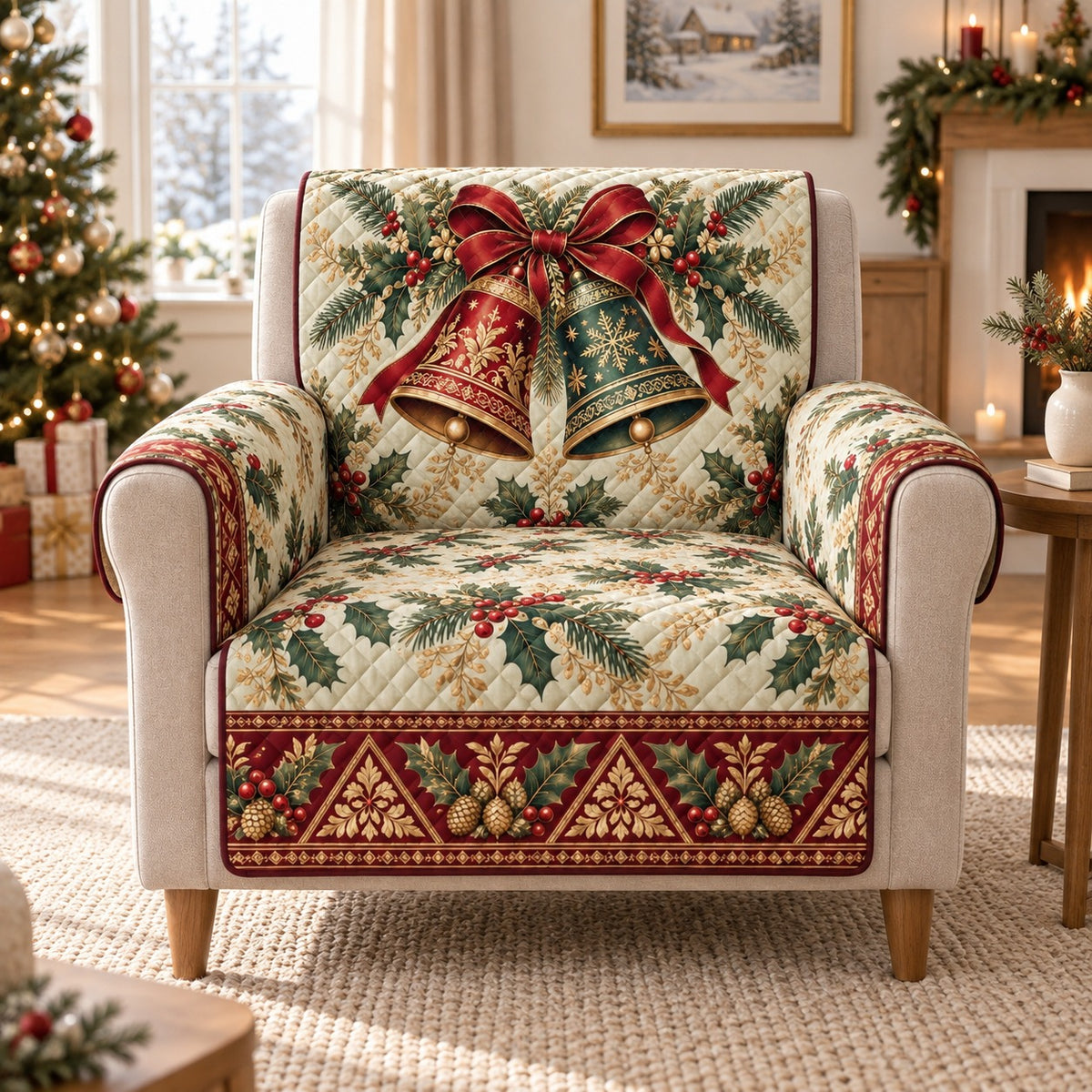 Christmas bells bow holly and pine quilted sofa cover on an armchair, AI-generated product mockup