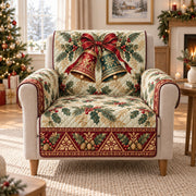 Christmas bells bow holly and pine quilted sofa cover on an armchair, AI-generated product mockup