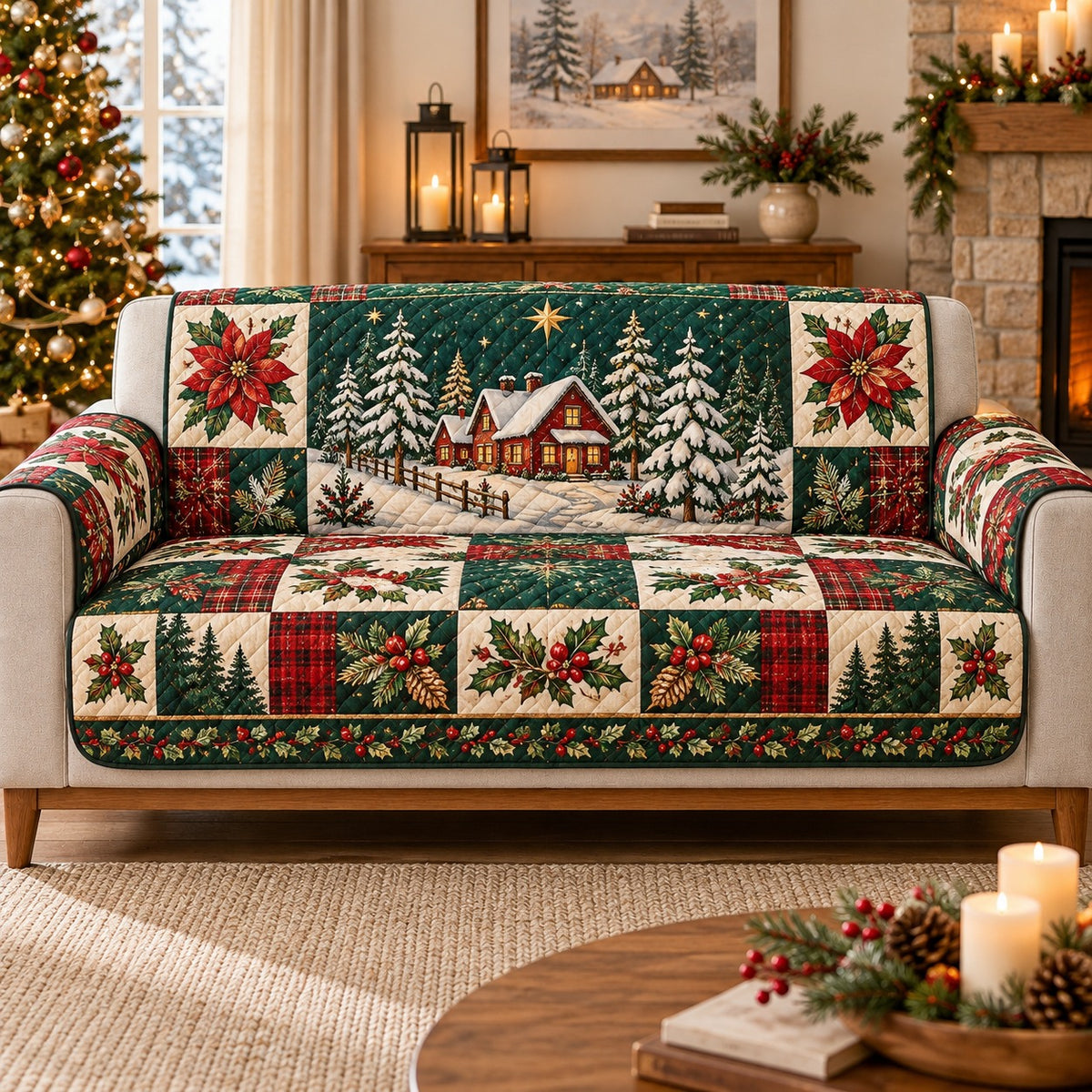Christmas Cabin Sofa Cover, Poinsettia Patchwork Couch Protector Holiday Gift