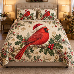 Christmas Cardinal Quilt Set, Festive Winter Bird Bedding Gift