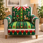 Green Christmas elf suit quilted sofa cover on an armchair, AI-generated product mockup