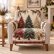 Festive evergreen tree forest quilted sofa cover on an armchair, AI-generated product mockup