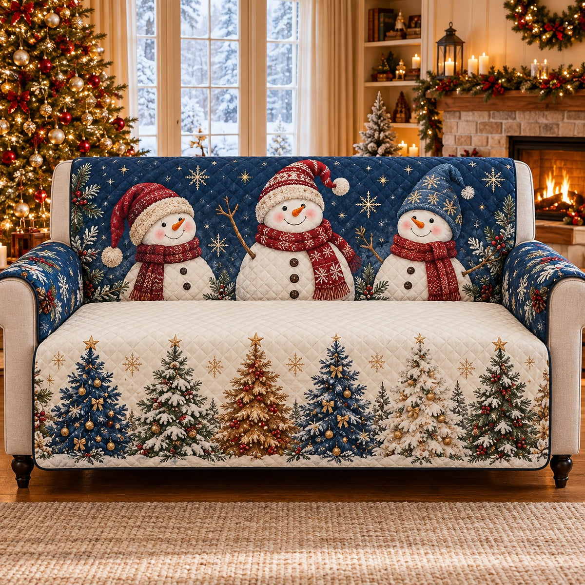 Christmas Snowman Sofa Cover, Holiday Couch Protector Gift for Families