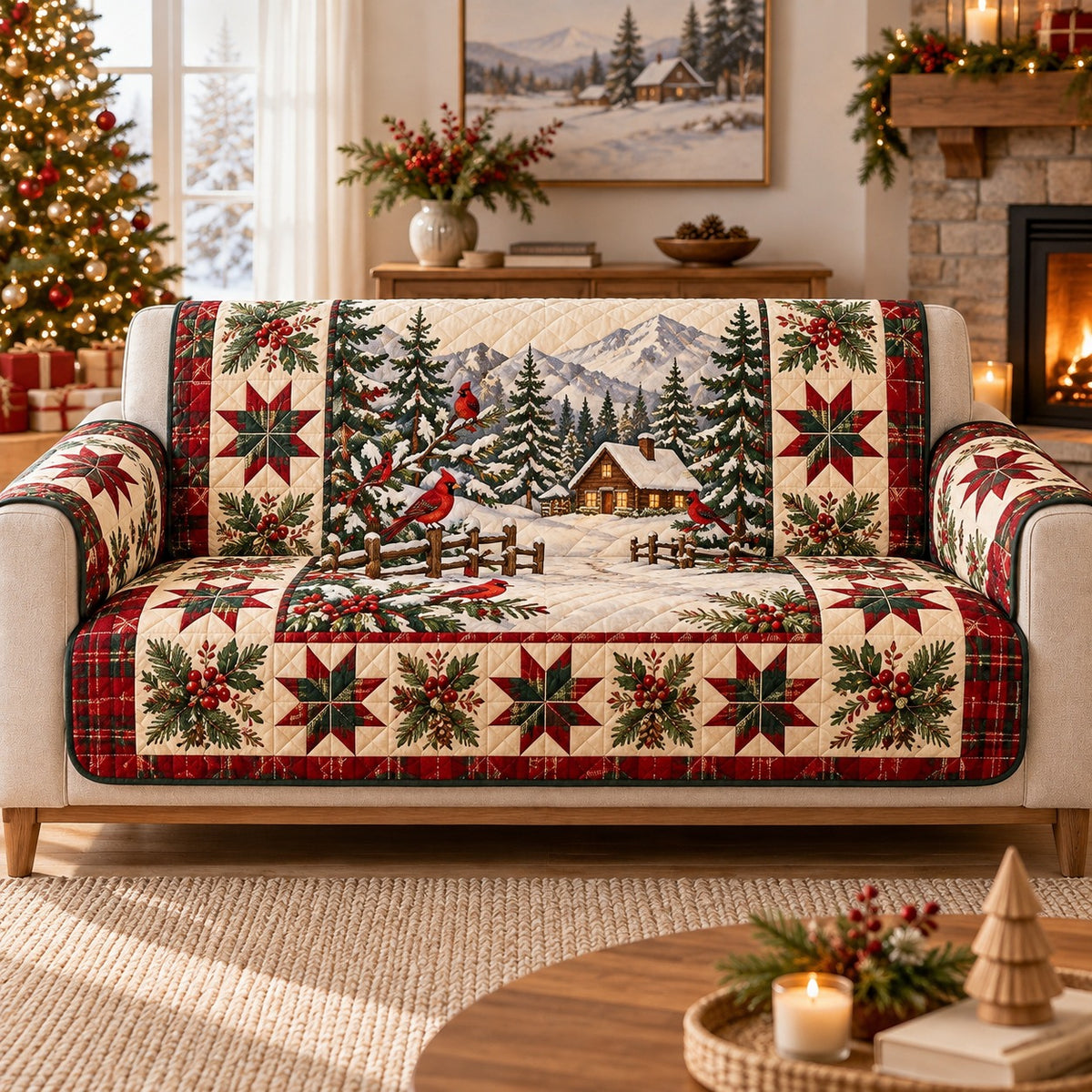 Christmas Village Sofa Cover, Cardinal Star Patchwork Couch Protector Gift