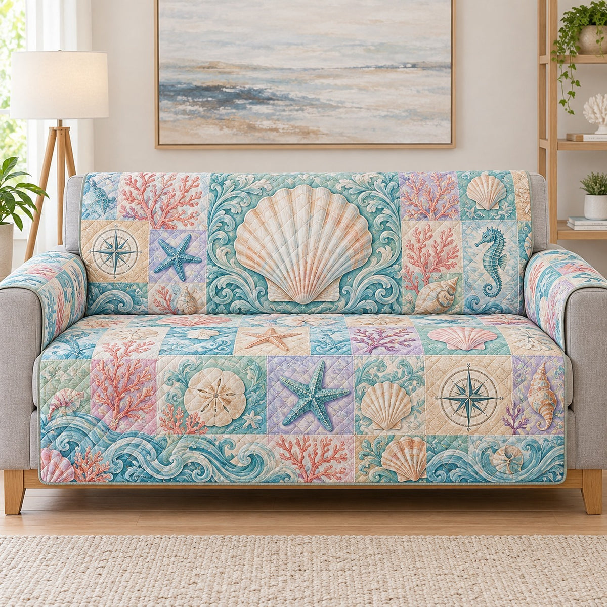 Coastal Seashell Sofa Cover, Beach House Couch Protector Gift for Ocean Lovers