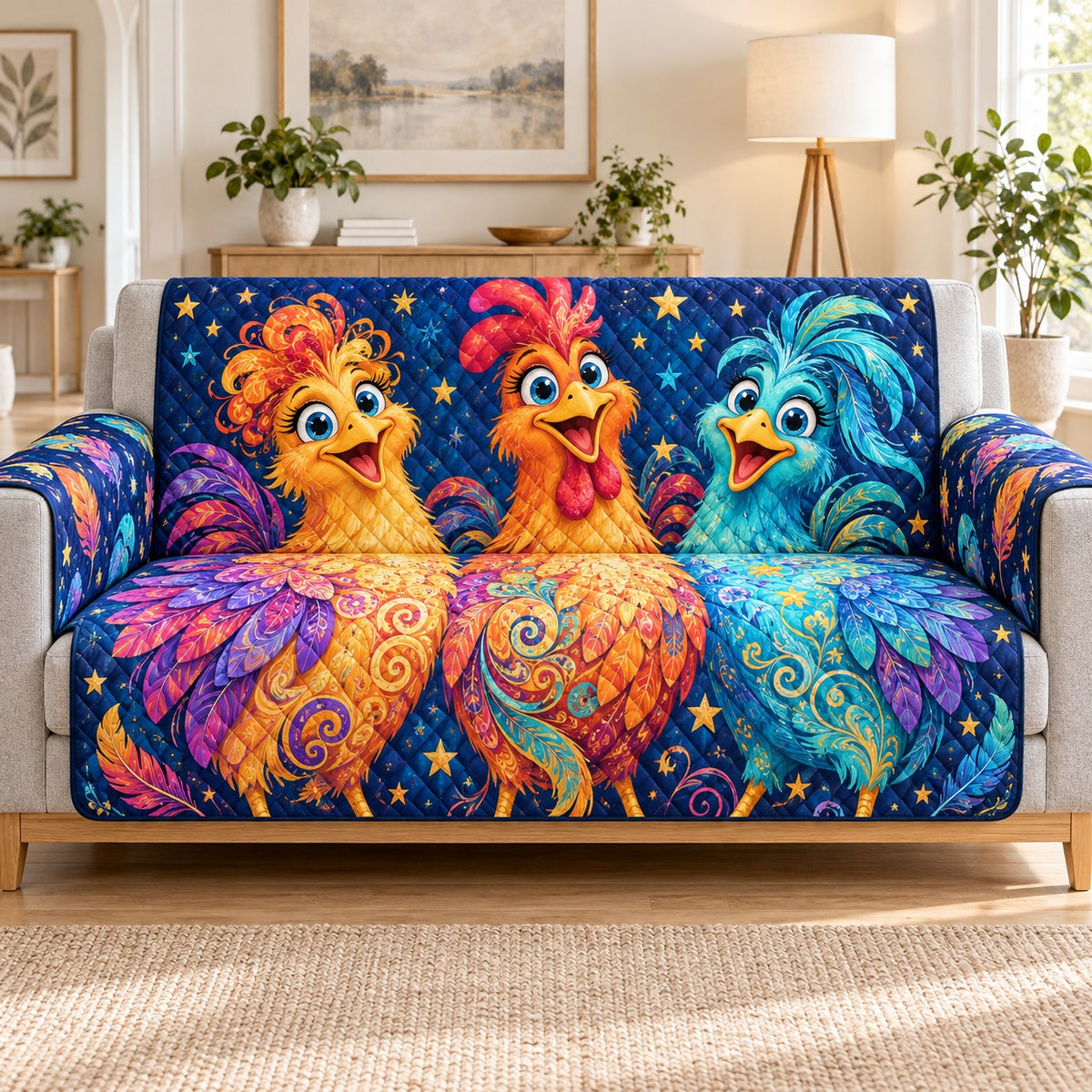 Colorful whimsical chicken trio quilted sofa cover on a couch, AI-generated product mockup