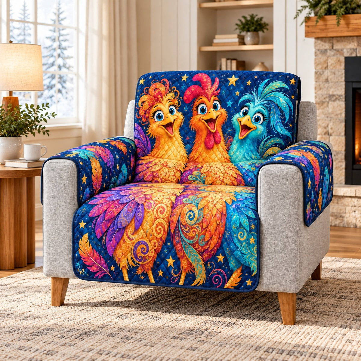 Colorful whimsical chicken trio quilted sofa cover on an armchair, AI-generated product mockup
